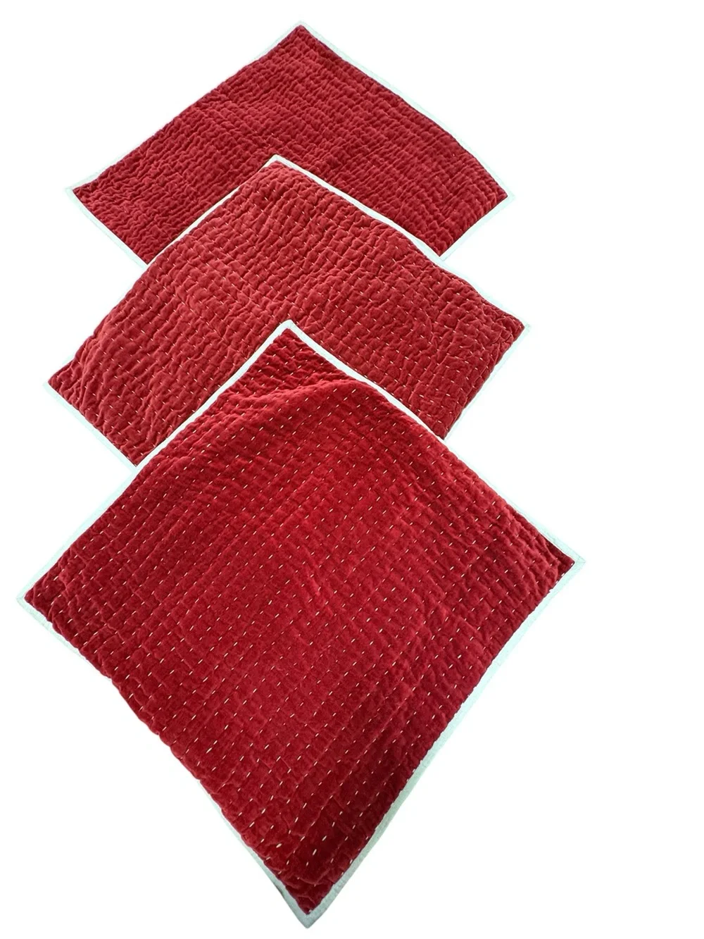 Pottery Barn Euro Shams Handcrafted Ruby Red Velvet Pick Stitch Quilted Set Of 3